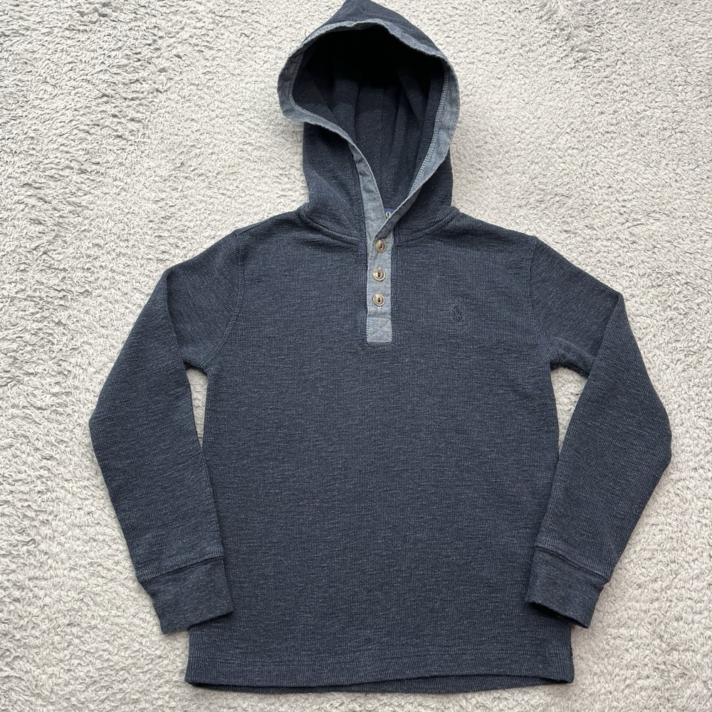 Polo Ralph Lauren Hoodie Sweater Boys 7 Blue Gray 1/4 Button‎ Pony Preppy
